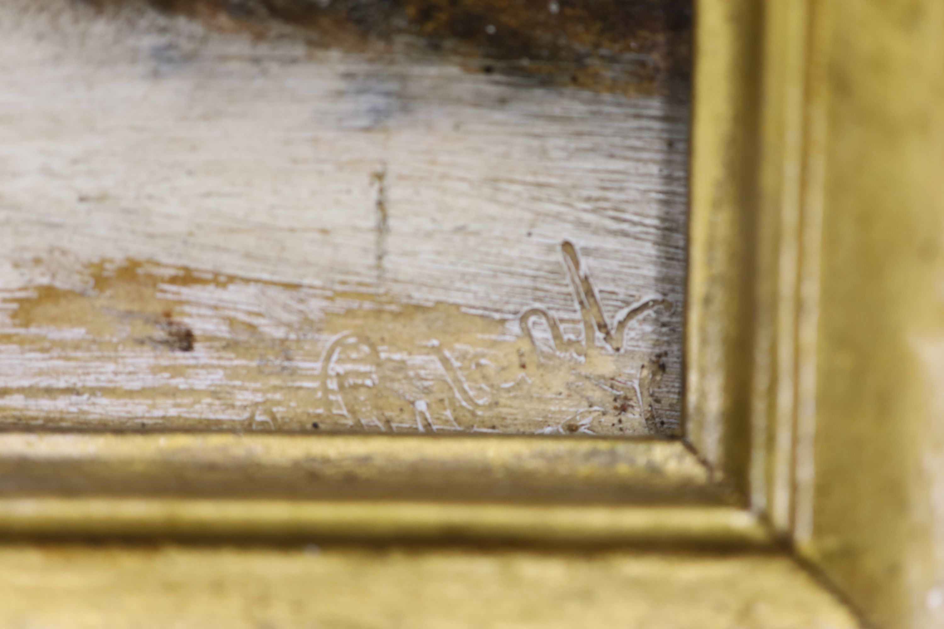 Philip H Rideout (1860-1920), oil on board, Coach in winter, signed, 16 x 33cm